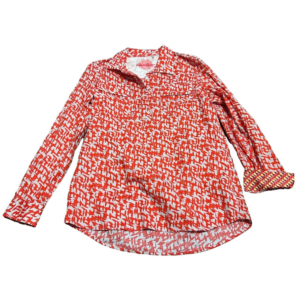 Robert Graham Printed Button Front Shirt Mens M Cotton Orange‎ White Flip Cuff